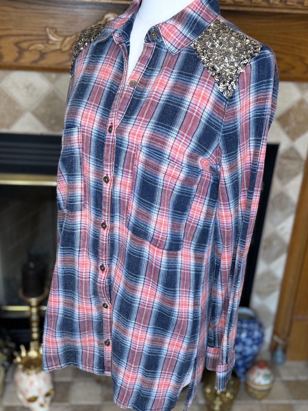 Free People Sequin Shoulder Plaid Button-Up Shirt - Red & Blue Women’s Small